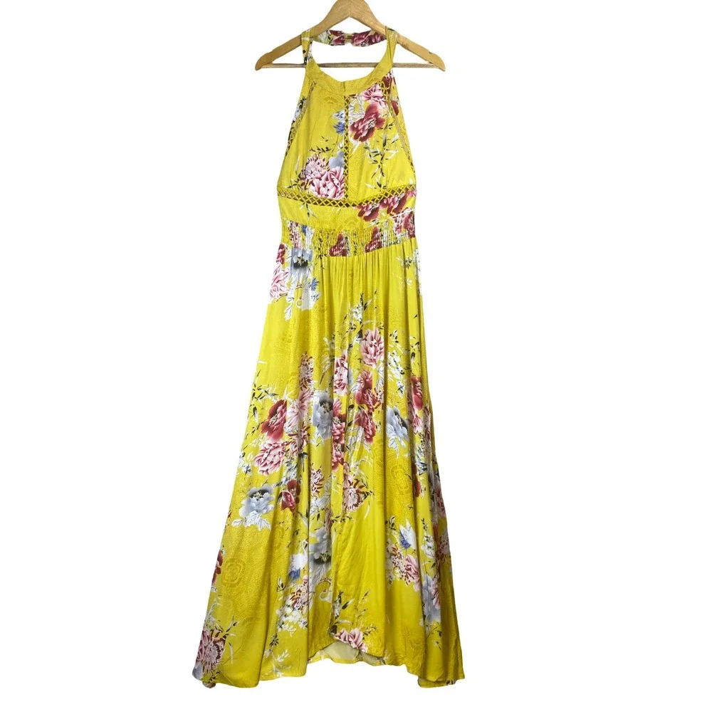 Jaase Yellow Floral Halter‎ Maxi Dress XL Crochet Smocked Vacay Tropical Boho